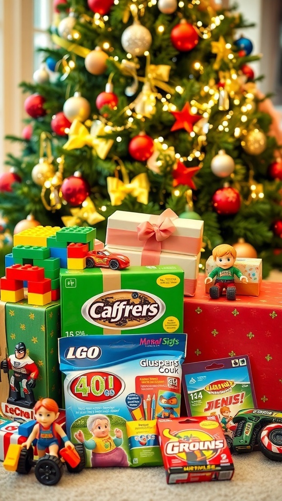 Top Christmas Gift Ideas for 4-Year-Old Boys A collection of Christmas gifts for a young boy, featuring toys and art supplies under a decorated tree.